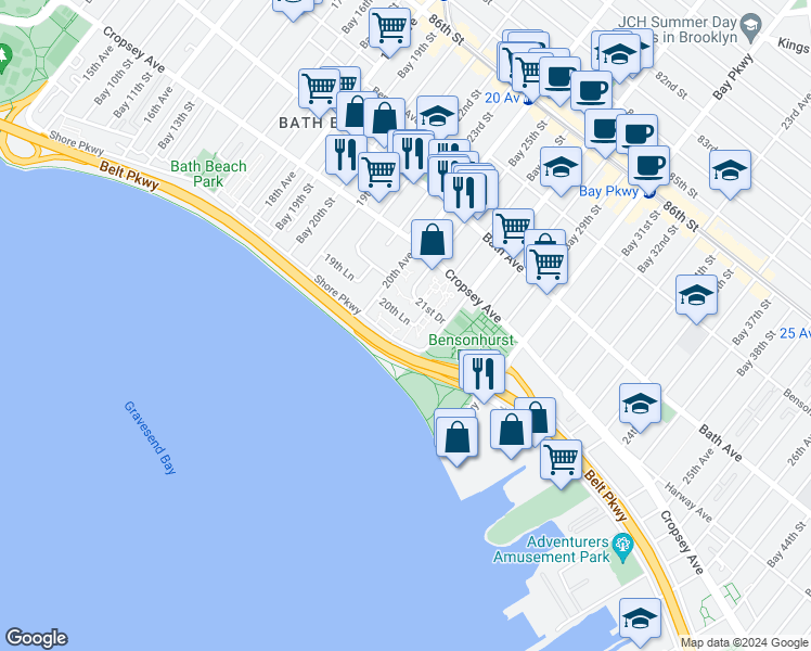 map of restaurants, bars, coffee shops, grocery stores, and more near 1489 Shore Parkway in Brooklyn
