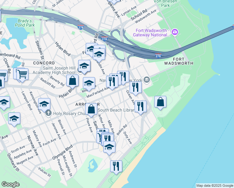 map of restaurants, bars, coffee shops, grocery stores, and more near 9 Jackson Avenue in Staten Island