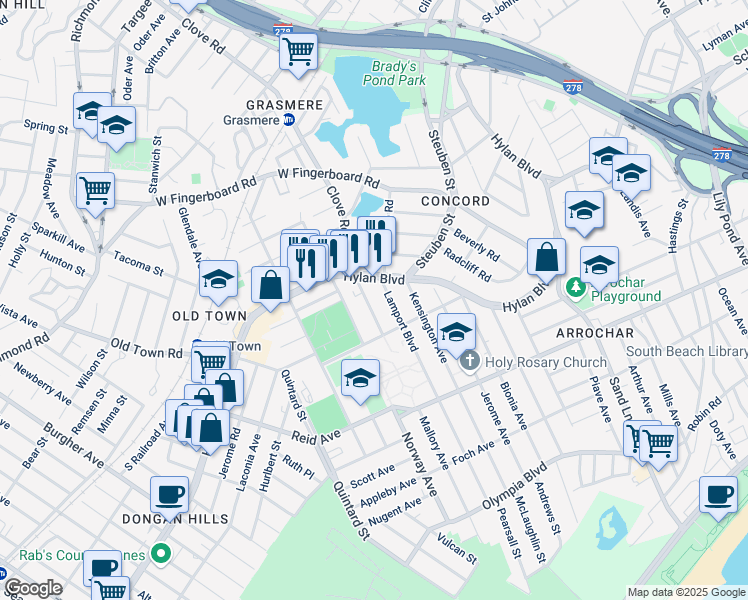 map of restaurants, bars, coffee shops, grocery stores, and more near 34 Mallory Avenue in Staten Island