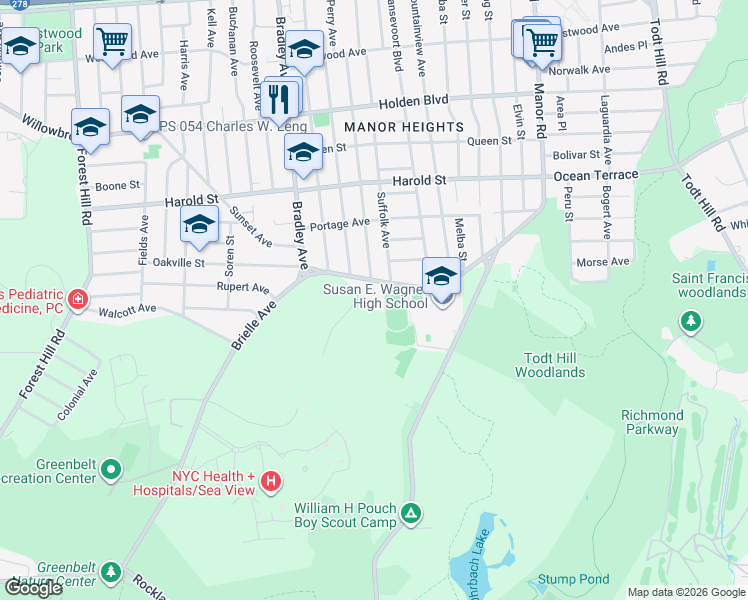 map of restaurants, bars, coffee shops, grocery stores, and more near 150 Brielle Avenue in Staten Island
