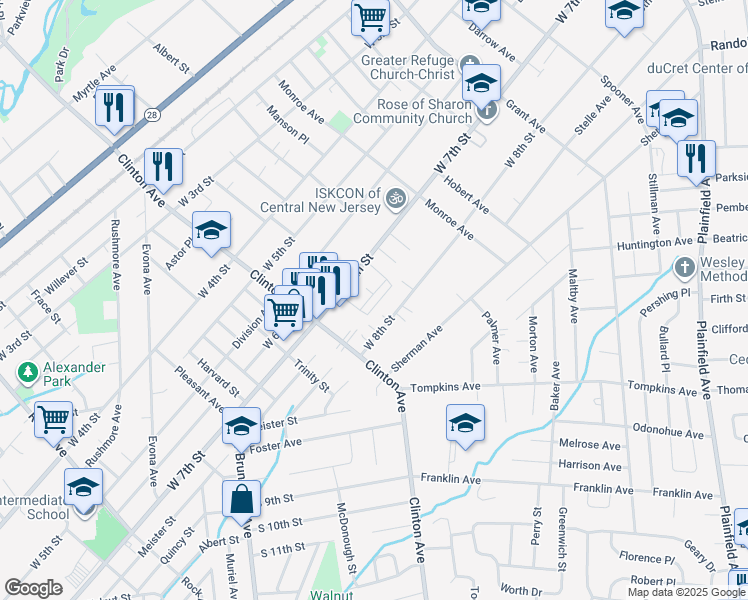 map of restaurants, bars, coffee shops, grocery stores, and more near 1160 West 8th Street in South Plainfield