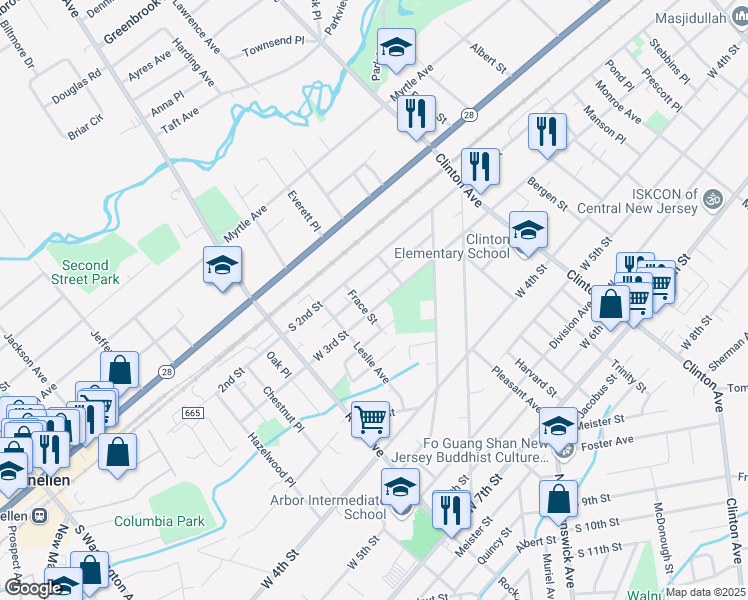map of restaurants, bars, coffee shops, grocery stores, and more near 1505 West 3rd Street in Plainfield