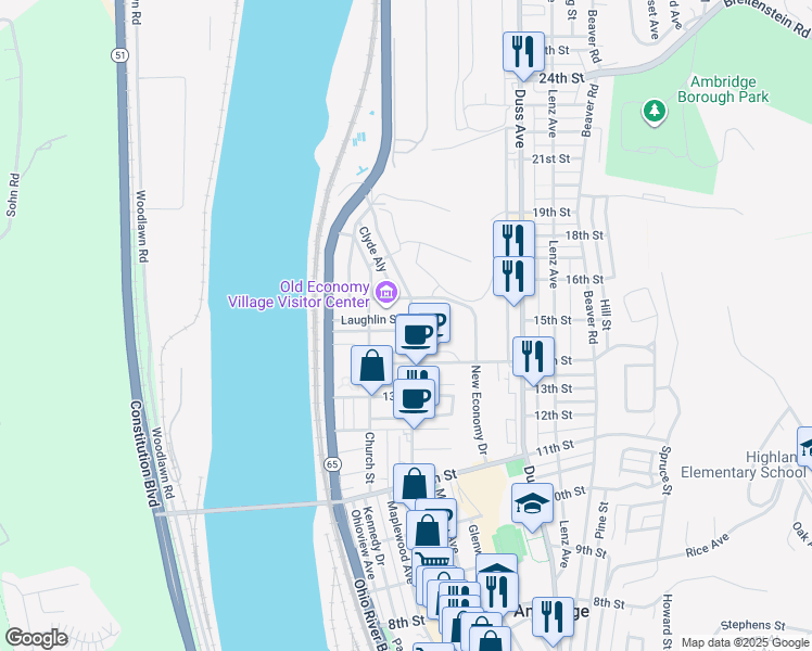 map of restaurants, bars, coffee shops, grocery stores, and more near 1426 Merchant Street in Ambridge
