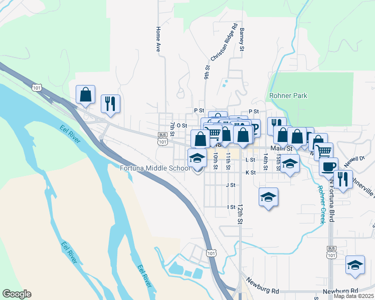 map of restaurants, bars, coffee shops, grocery stores, and more near 807 Main Street in Fortuna