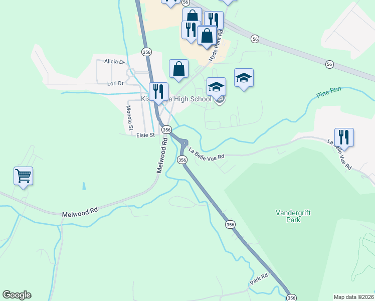map of restaurants, bars, coffee shops, grocery stores, and more near 10 Ashland Way in Vandergrift
