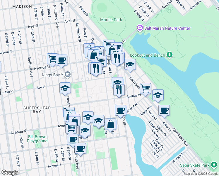 map of restaurants, bars, coffee shops, grocery stores, and more near 2261 Bragg Street in Brooklyn