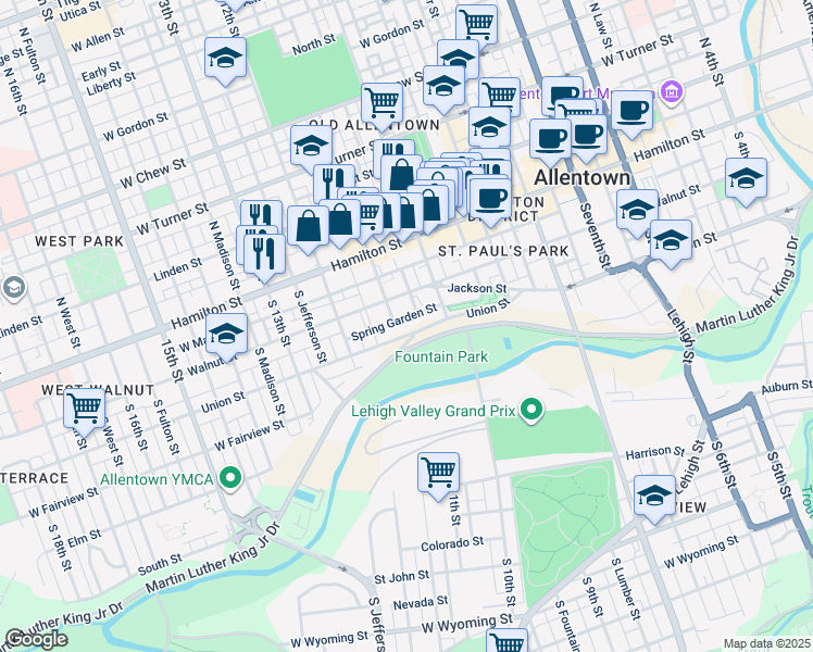 map of restaurants, bars, coffee shops, grocery stores, and more near 1046 Spring Garden Street in Allentown