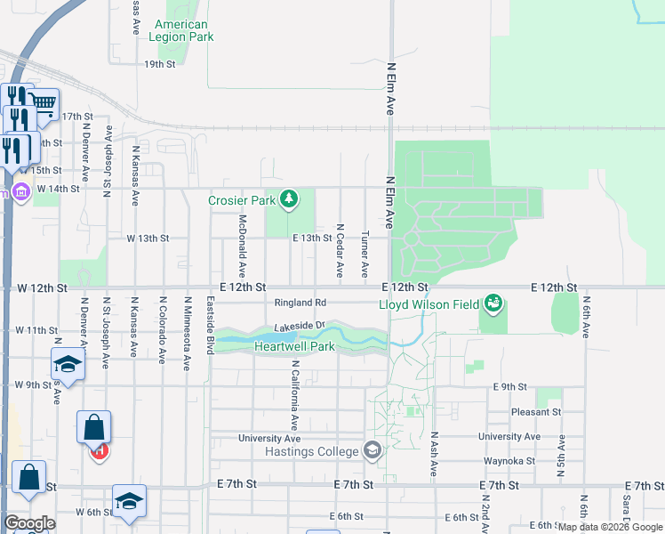map of restaurants, bars, coffee shops, grocery stores, and more near 1200-1210 North Cedar Avenue in Hastings