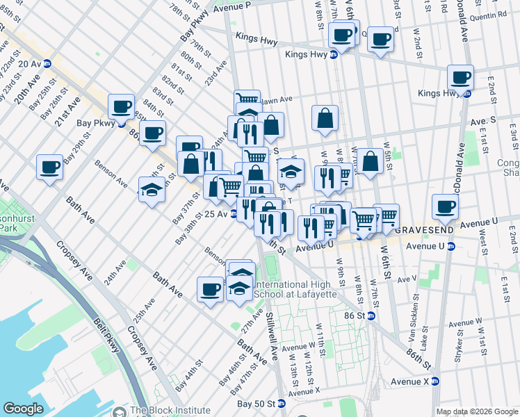 map of restaurants, bars, coffee shops, grocery stores, and more near 2020 West 13th Street in Brooklyn