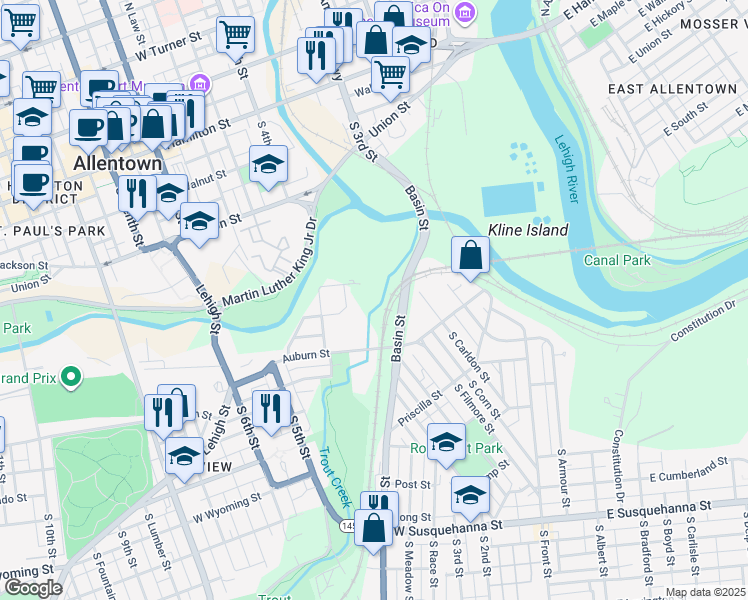 map of restaurants, bars, coffee shops, grocery stores, and more near 550 Basin Street in Allentown