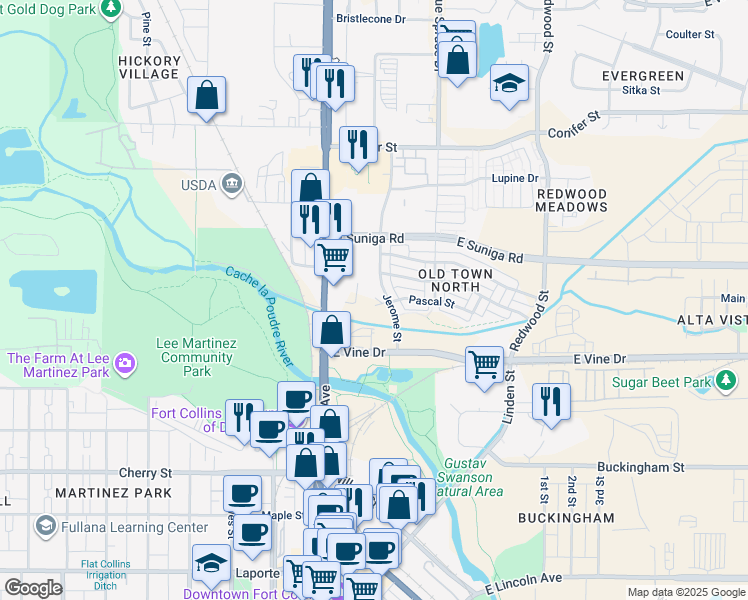 map of restaurants, bars, coffee shops, grocery stores, and more near 742 North College Avenue in Fort Collins