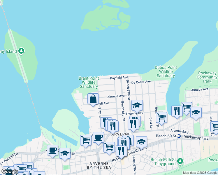 map of restaurants, bars, coffee shops, grocery stores, and more near 69-46 Hillmeyer Avenue in Queens