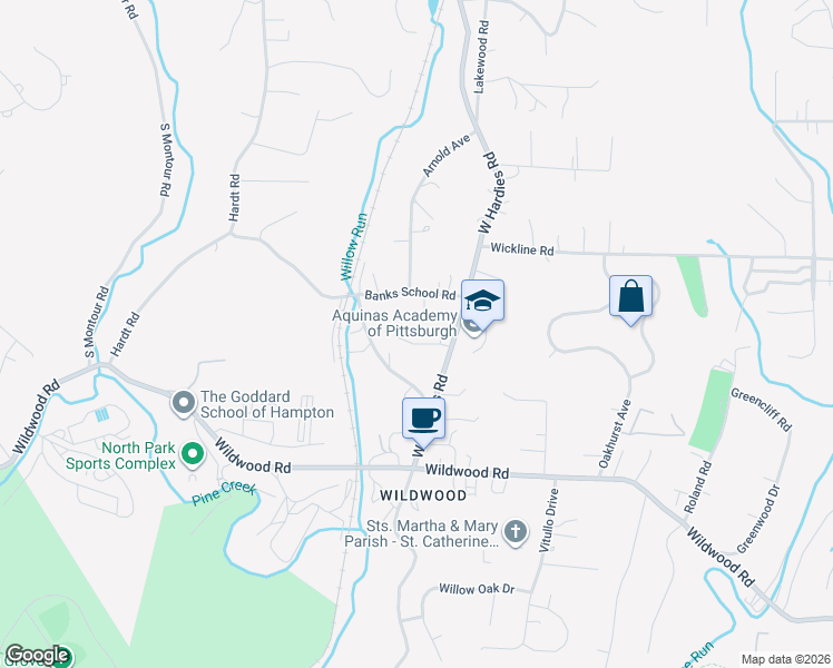 map of restaurants, bars, coffee shops, grocery stores, and more near 2289 West Hardies Road in Gibsonia