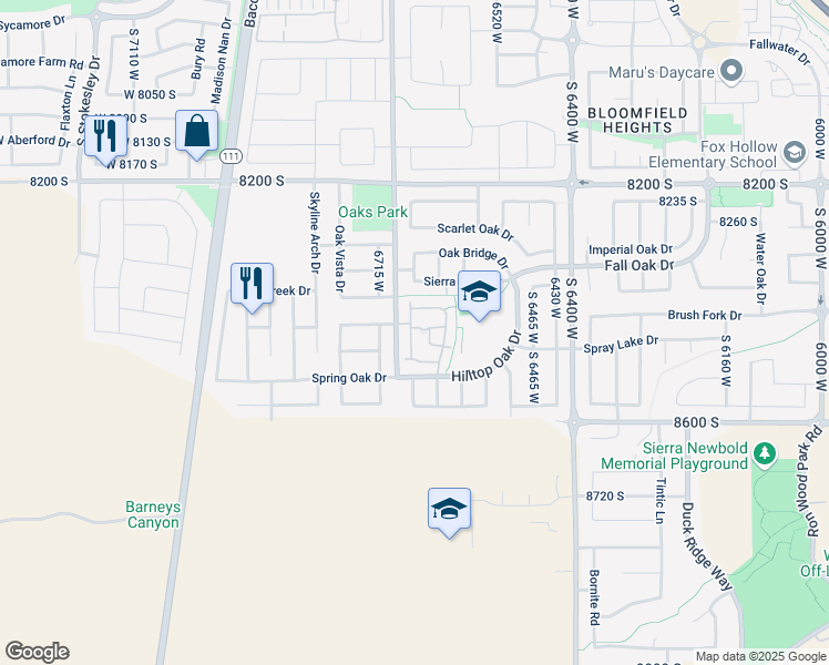 map of restaurants, bars, coffee shops, grocery stores, and more near 8457 Ivy Springs Lane in West Jordan