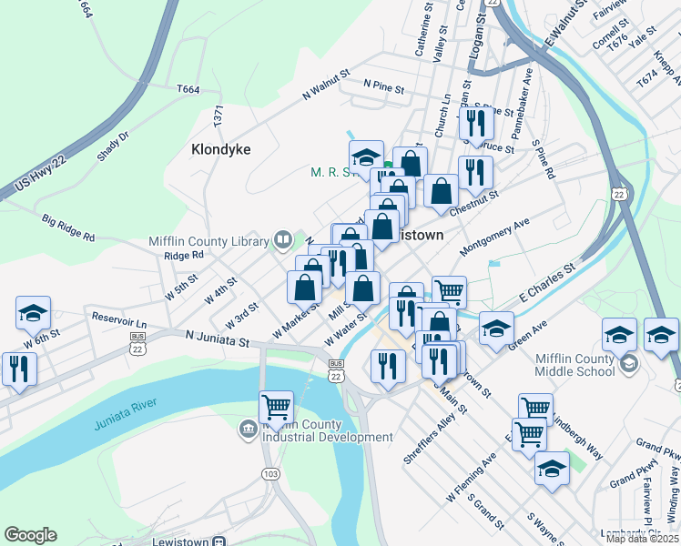map of restaurants, bars, coffee shops, grocery stores, and more near 17 North Main Street in Lewistown