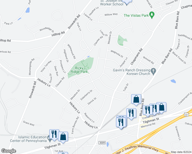 map of restaurants, bars, coffee shops, grocery stores, and more near 5827 Meadow Drive in Lehigh County