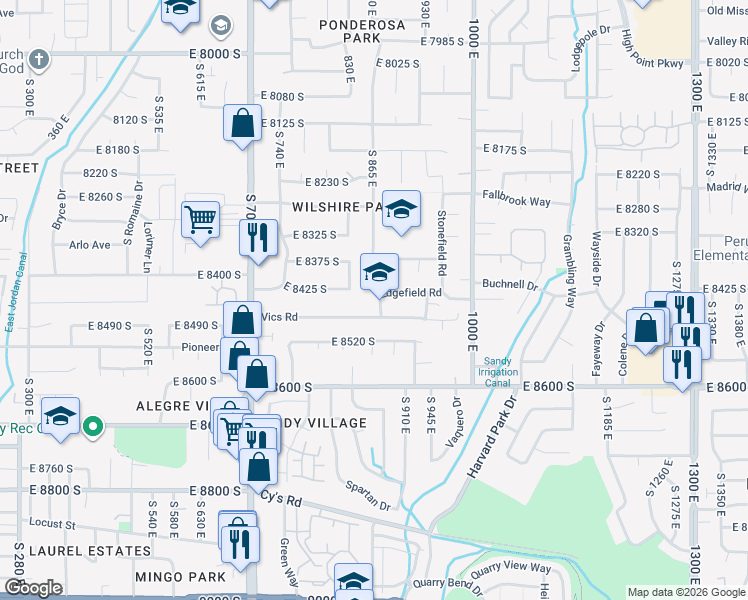 map of restaurants, bars, coffee shops, grocery stores, and more near 8450 South 865 East in Sandy