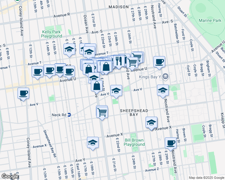 map of restaurants, bars, coffee shops, grocery stores, and more near 2195 East 22nd Street in Brooklyn