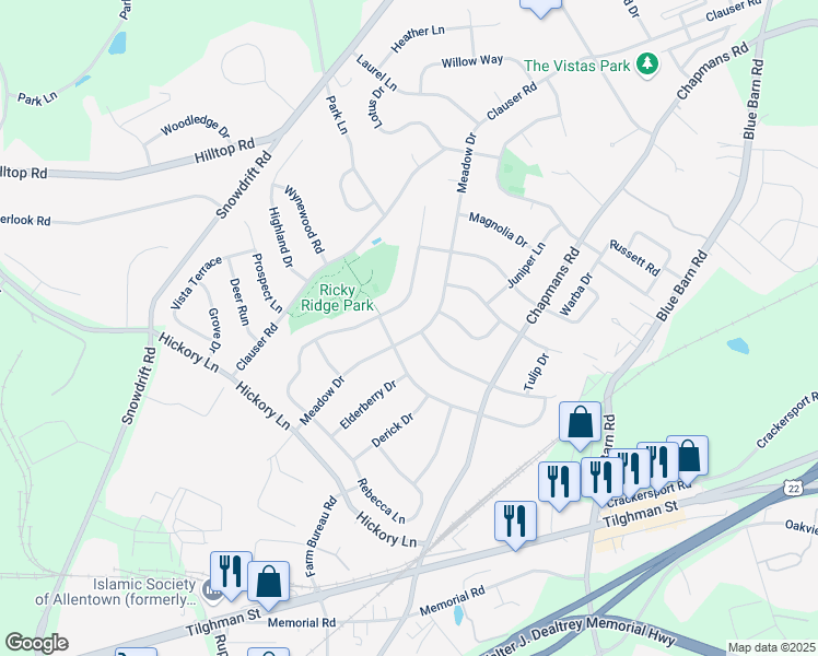 map of restaurants, bars, coffee shops, grocery stores, and more near 5827 Meadow Drive in Lehigh County