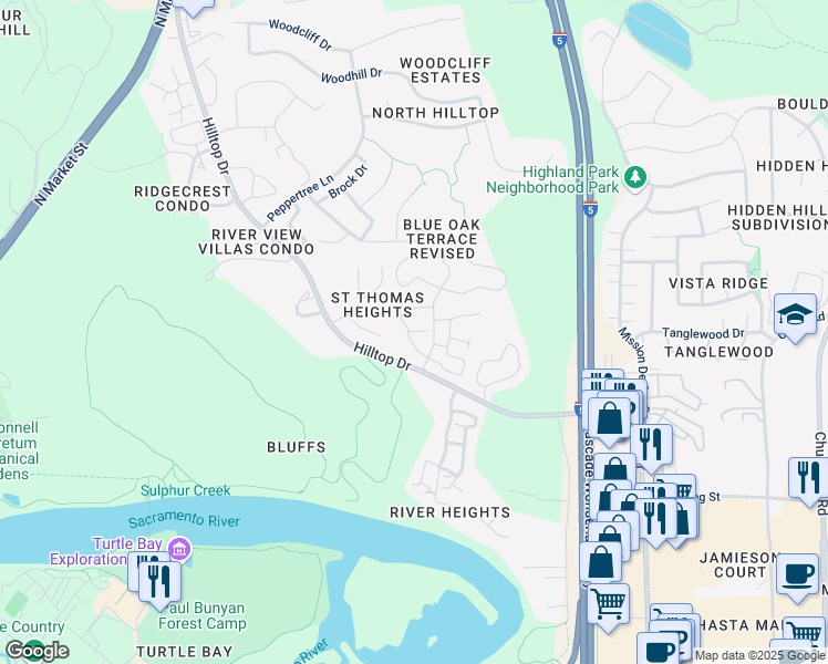 map of restaurants, bars, coffee shops, grocery stores, and more near 591 Hilltop Drive in Redding