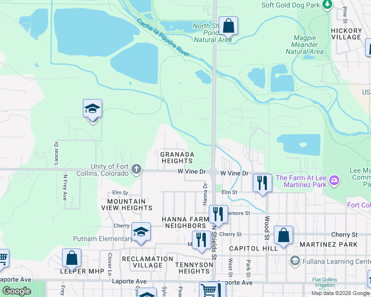 map of restaurants, bars, coffee shops, grocery stores, and more near 1200 Hanna Street in Fort Collins