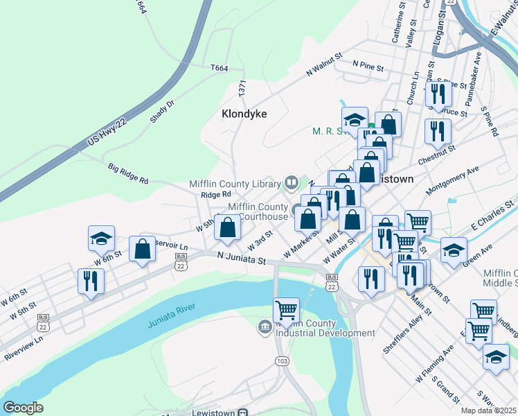 map of restaurants, bars, coffee shops, grocery stores, and more near 203 North Grand Street in Lewistown
