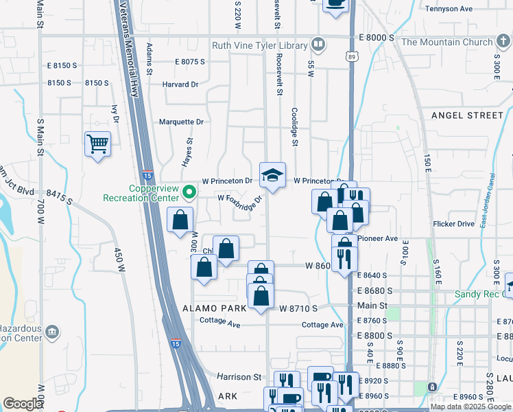 map of restaurants, bars, coffee shops, grocery stores, and more near 187 Foxbridge Drive in Midvale