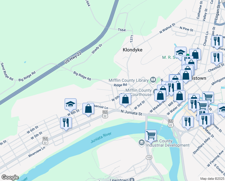 map of restaurants, bars, coffee shops, grocery stores, and more near 335 Bratton Avenue in Lewistown