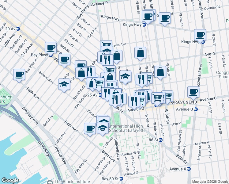 map of restaurants, bars, coffee shops, grocery stores, and more near 2020 West 13th Street in Brooklyn
