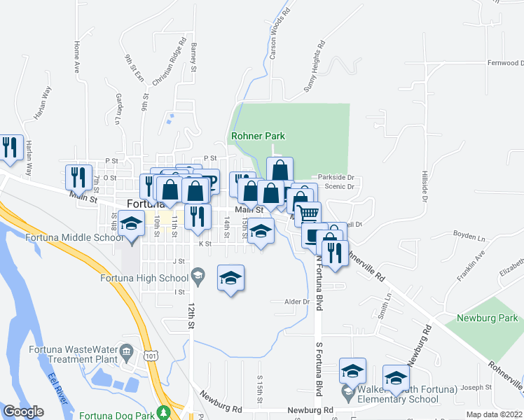 map of restaurants, bars, coffee shops, grocery stores, and more near Main Street & 16th Street in Fortuna