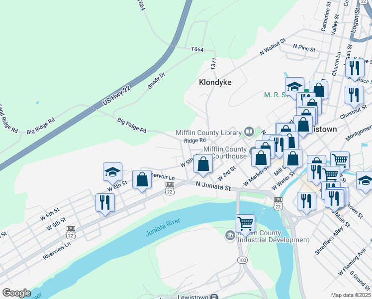 map of restaurants, bars, coffee shops, grocery stores, and more near 341 Bratton Avenue in Lewistown