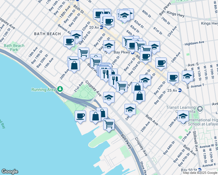 map of restaurants, bars, coffee shops, grocery stores, and more near 180 Bay 32nd Street in Brooklyn