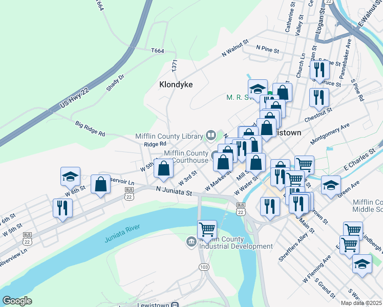 map of restaurants, bars, coffee shops, grocery stores, and more near 24 West 4th Street in Lewistown