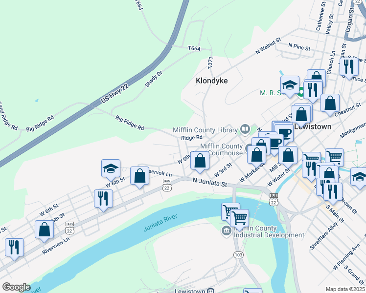 map of restaurants, bars, coffee shops, grocery stores, and more near 341 Bratton Avenue in Lewistown