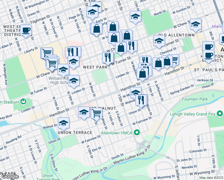 map of restaurants, bars, coffee shops, grocery stores, and more near 1511-1525 Hamilton Street in Allentown