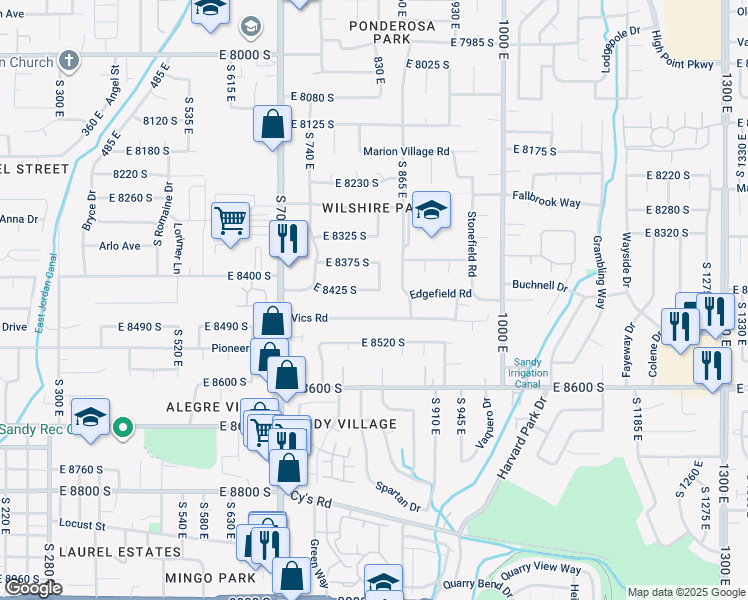 map of restaurants, bars, coffee shops, grocery stores, and more near 841 Vics Road in Sandy