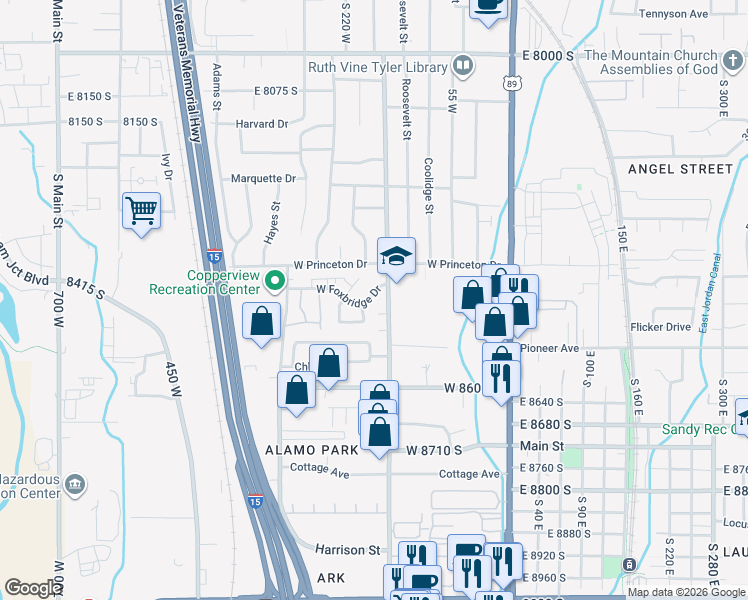 map of restaurants, bars, coffee shops, grocery stores, and more near 187 Foxbridge Drive in Midvale