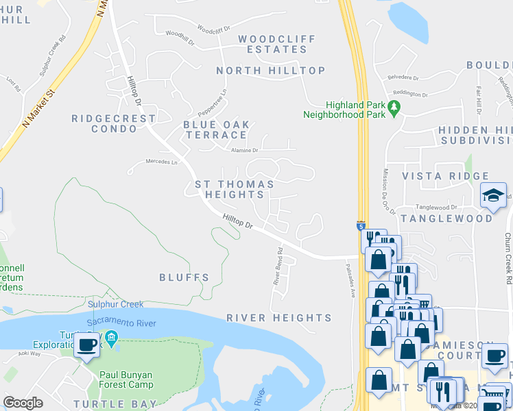 map of restaurants, bars, coffee shops, grocery stores, and more near 591 Hilltop Drive in Redding