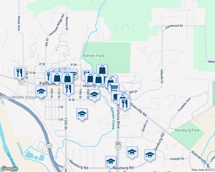 map of restaurants, bars, coffee shops, grocery stores, and more near 1665 Main St in Fortuna