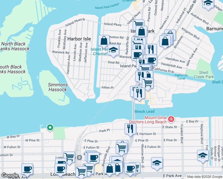 map of restaurants, bars, coffee shops, grocery stores, and more near 20 Quebec Road in Island Park