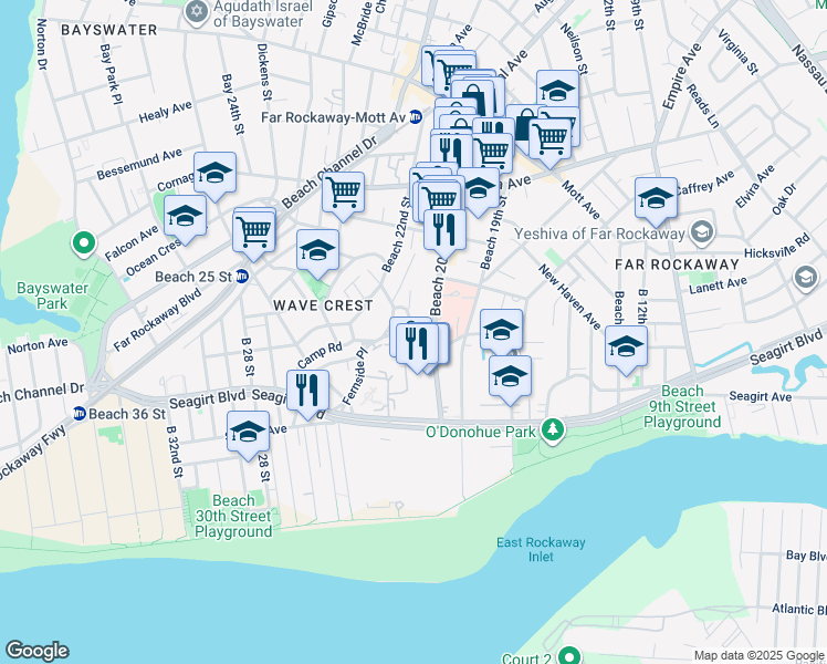 map of restaurants, bars, coffee shops, grocery stores, and more near 20-18 Plainview Avenue in Queens