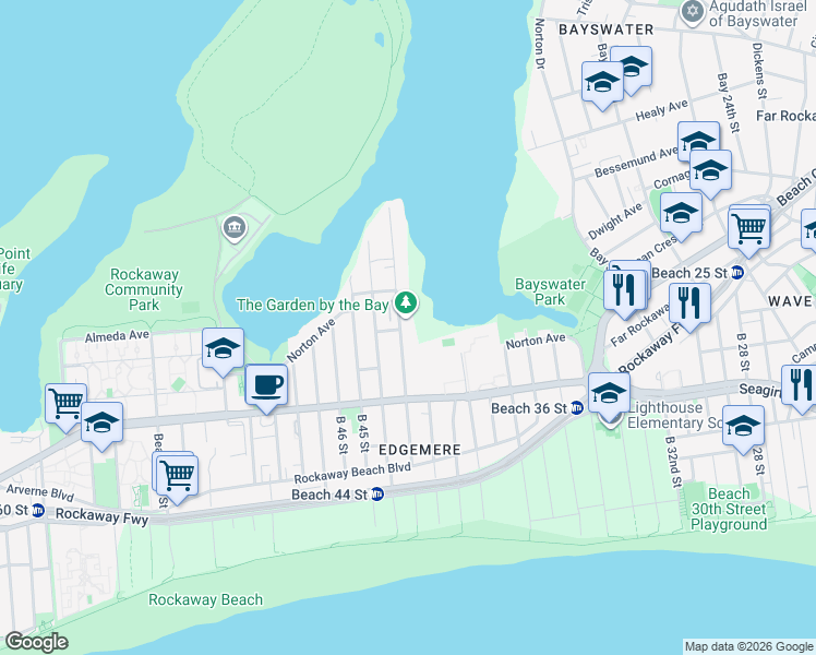 map of restaurants, bars, coffee shops, grocery stores, and more near 4-60 Beach 43rd Street in Queens