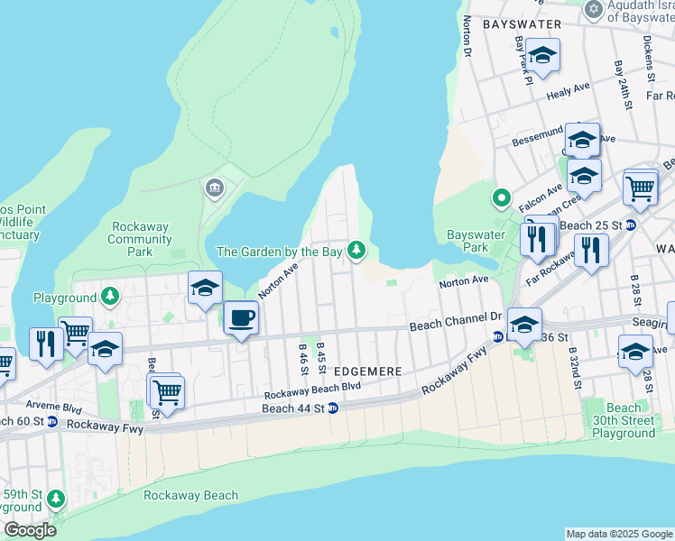 map of restaurants, bars, coffee shops, grocery stores, and more near 8 Beach 44th Street in Queens