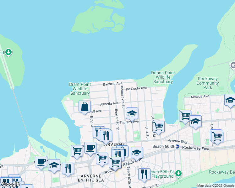 map of restaurants, bars, coffee shops, grocery stores, and more near 6-17 Beach 67th Street in Queens