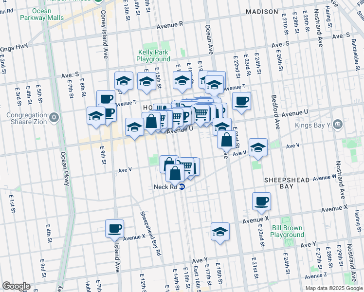 map of restaurants, bars, coffee shops, grocery stores, and more near 2164 East 17th Street in Brooklyn