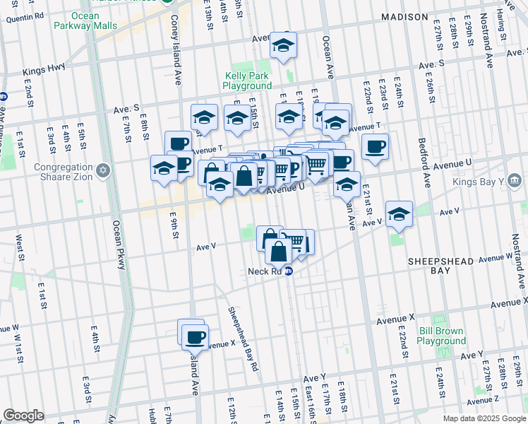 map of restaurants, bars, coffee shops, grocery stores, and more near 2155 East 15th Street in Brooklyn