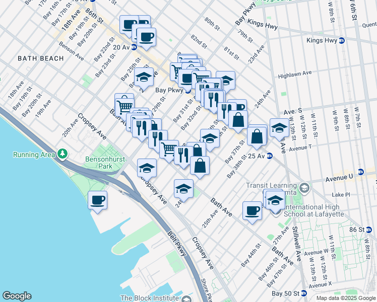 map of restaurants, bars, coffee shops, grocery stores, and more near 129 Bay 34th Street in Brooklyn