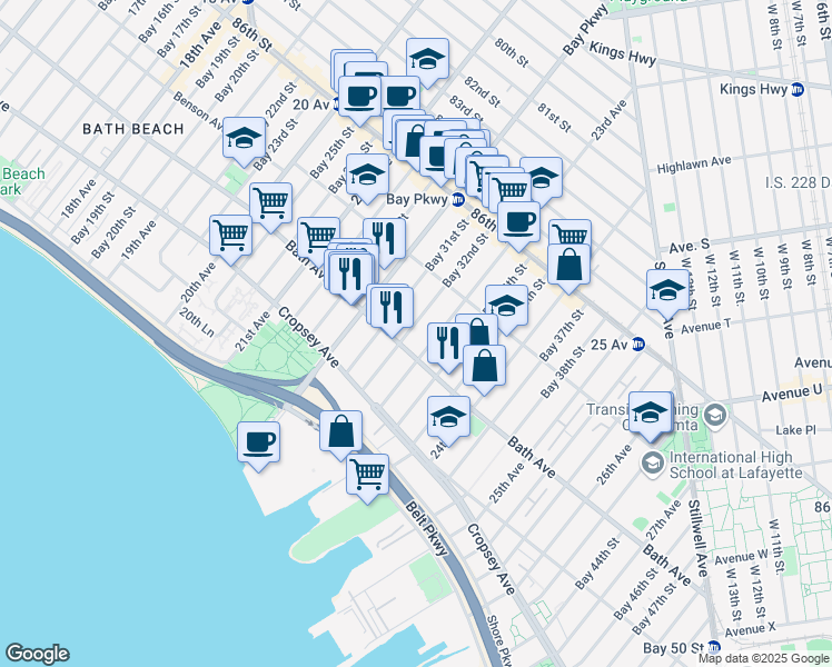 map of restaurants, bars, coffee shops, grocery stores, and more near 8760 23rd Avenue in Brooklyn