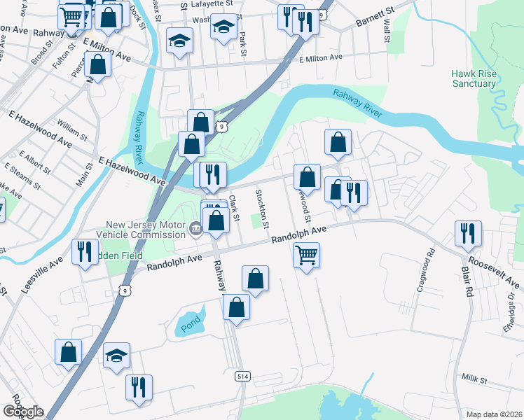 map of restaurants, bars, coffee shops, grocery stores, and more near 1330 Stockton Street in Rahway