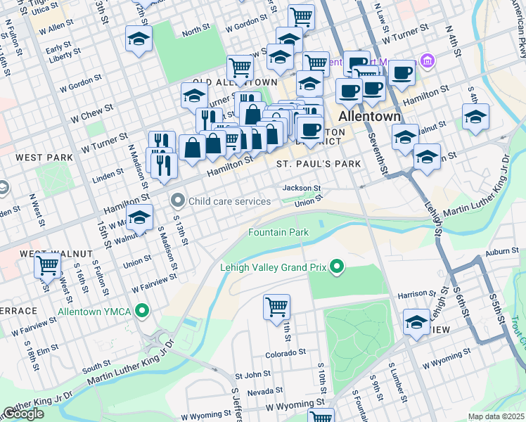 map of restaurants, bars, coffee shops, grocery stores, and more near 1046 Spring Garden Street in Allentown